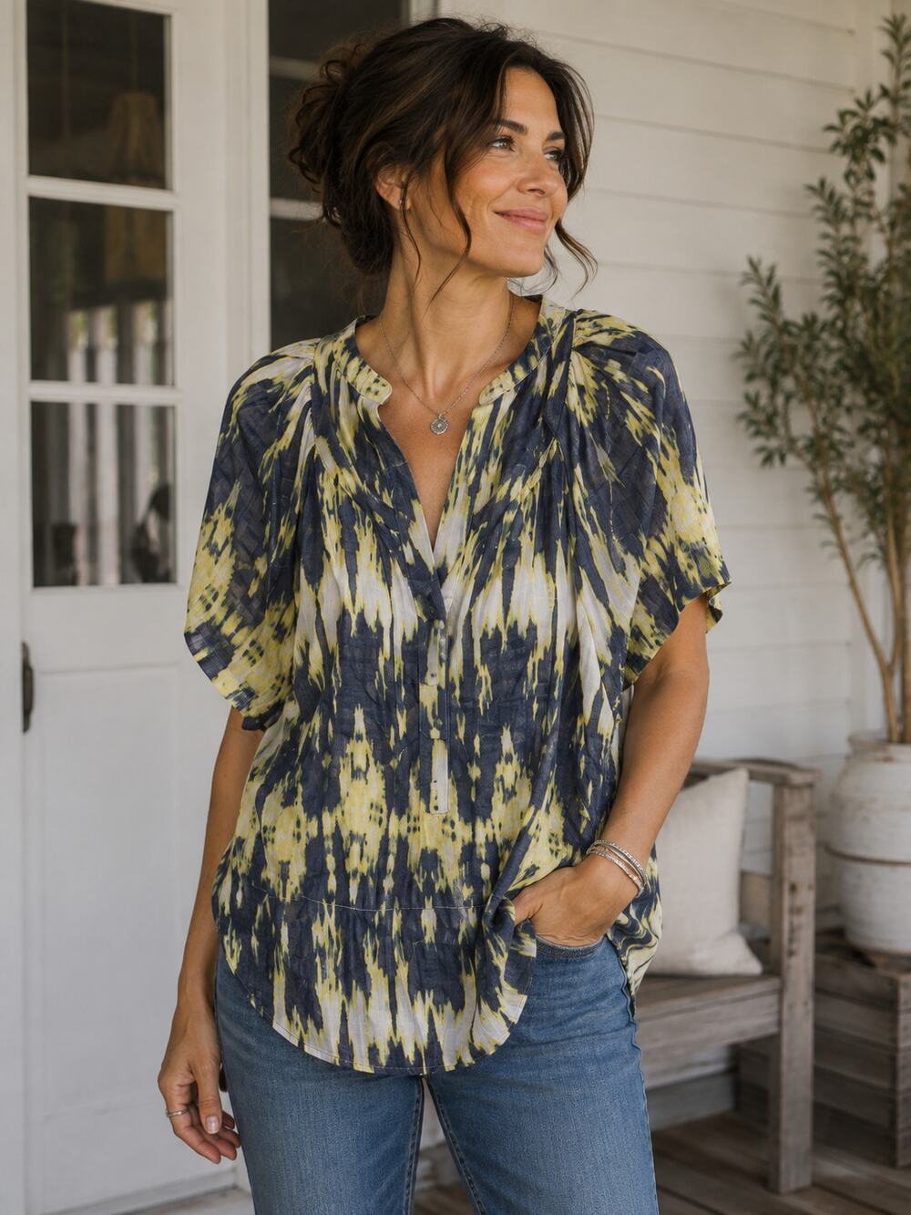 CJ Banks Tie Dye Blue Yellow Pop Over Short Sleeve Blouse Button Down